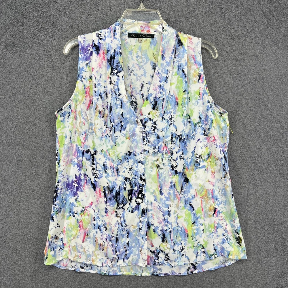 Rose & Olive Blouse Women Large Multicolor Abstract V-Neck Pleated Top